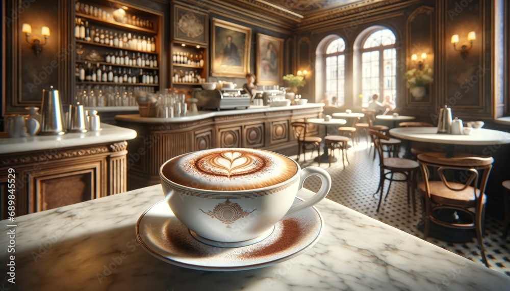 Classic cappuccino in a porcelain cup on marble, with a European café interior and old-world charm.
Classic cappuccino in a porcelain cup on marble, with a European café interior and old-world charm.