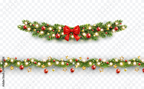 Christmas tree border with green fir branches, red bow, balls, gold lights isolated on transparent background. Pine, xmas evergreen plants frame and seamless banner. Vector string garland decor set