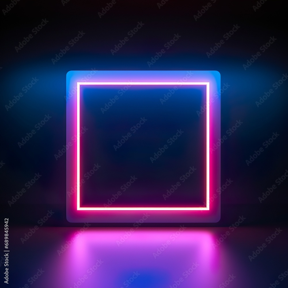 3d render, abstract geometric background with neon square frame glowing with light in the dark. Futuristic showcase for product presentation - Generative AI 3d render, abstract geometric background with neon square frame glowing with light in the dark. Futuristic showcase for product presentation - Generative AI