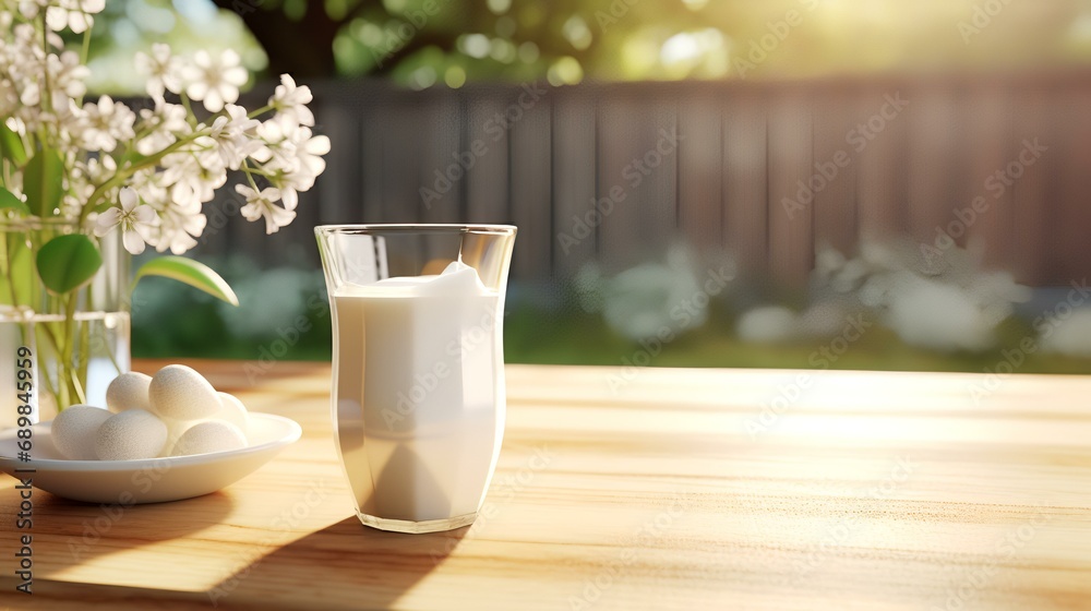 A glass of milk and eggs on a wooden table outdoors. Space for text A glass of milk and eggs on a wooden table outdoors. Space for text