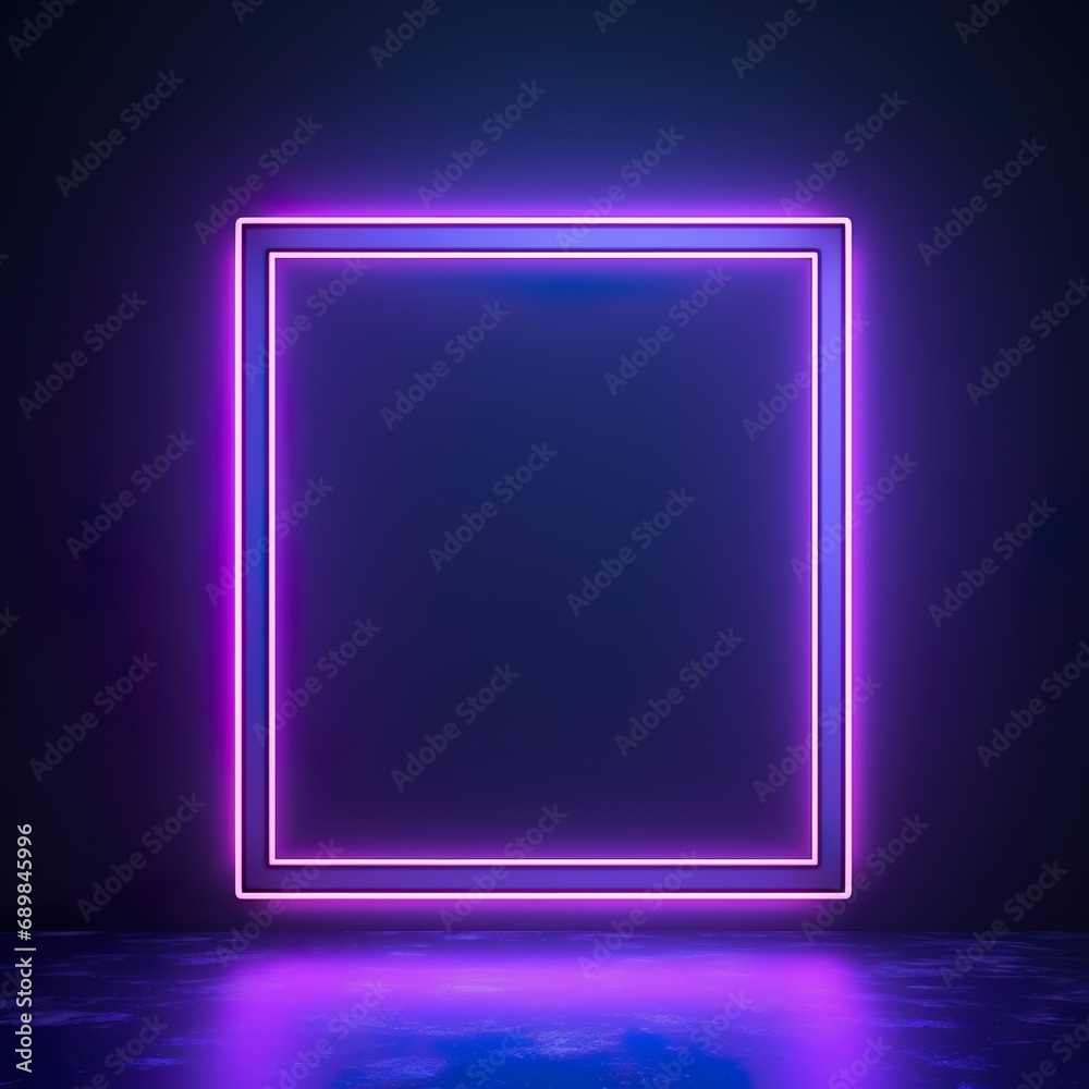 3d render, abstract geometric background with neon square frame glowing with light in the dark. Futuristic showcase for product presentation - Generative AI 3d render, abstract geometric background with neon square frame glowing with light in the dark. Futuristic showcase for product presentation - Generative AI