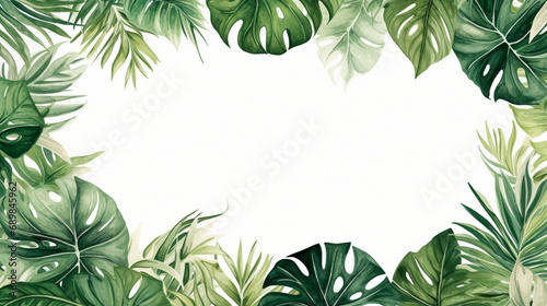 Illustration de végétaux peinte à l'aquarelle. Fond avec espace vide de composition pour création et conception. Feuilles, branchage, nature, tropical. © FlyStun