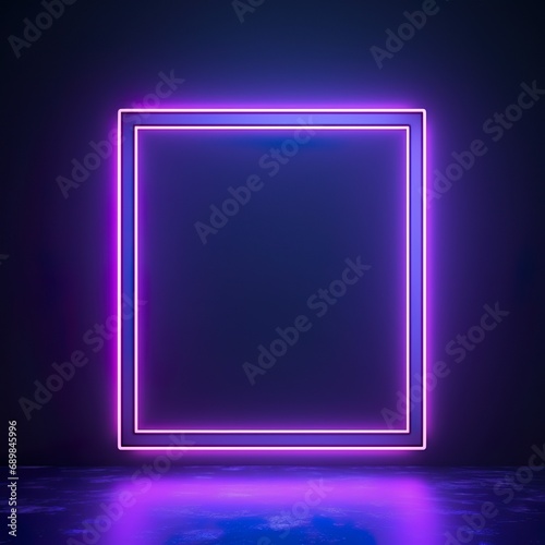 3d render, abstract geometric background with neon square frame glowing with light in the dark. Futuristic showcase for product presentation - Generative AI photo