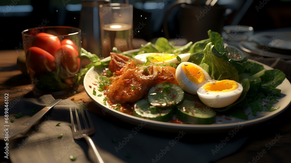 fried chicken with salad and boiled eggs on a wooden table in a restaurant fried chicken with salad and boiled eggs on a wooden table in a restaurant