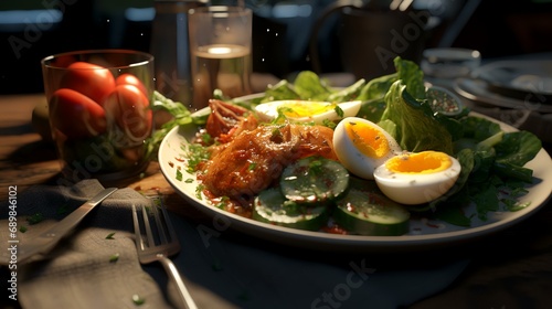 fried chicken with salad and boiled eggs on a wooden table in a restaurant