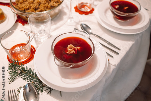 Red borscht with ravioli stuffed with sauerkraut and mushrooms and other traditional Polish Christmas Eve dishes