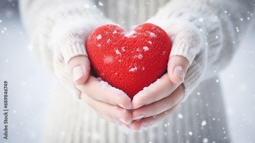 Valentine's Day.
Close up of woman hands holding red heart over winter background with snow. Winter concept.
Valentine's Day.
Close up of woman hands holding red heart over winter background with snow. Winter concept.