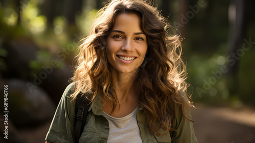 headshot portrait of beautiful woman outside with a cheerful expression on her face. walking in a nature trail outside
