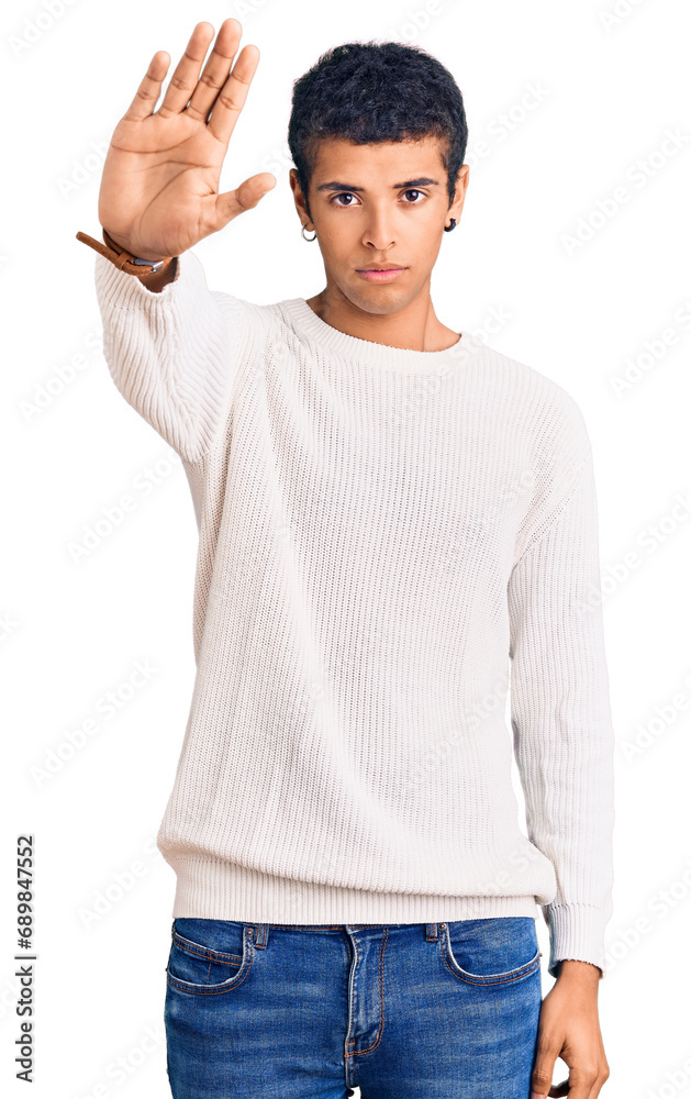 Young african amercian man wearing casual clothes doing stop sing with palm of the hand. warning expression with negative and serious gesture on the face. Young african amercian man wearing casual clothes doing stop sing with palm of the hand. warning expression with negative and serious gesture on the face.