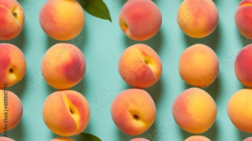 Fresh Organic Peach Fruit Photorealistic Horizontal Seamless Background. Healthy Vegetarian Diet. Ai Generated Seamless Background with Delicious Juicy Peach Fruit Arranged in lines.