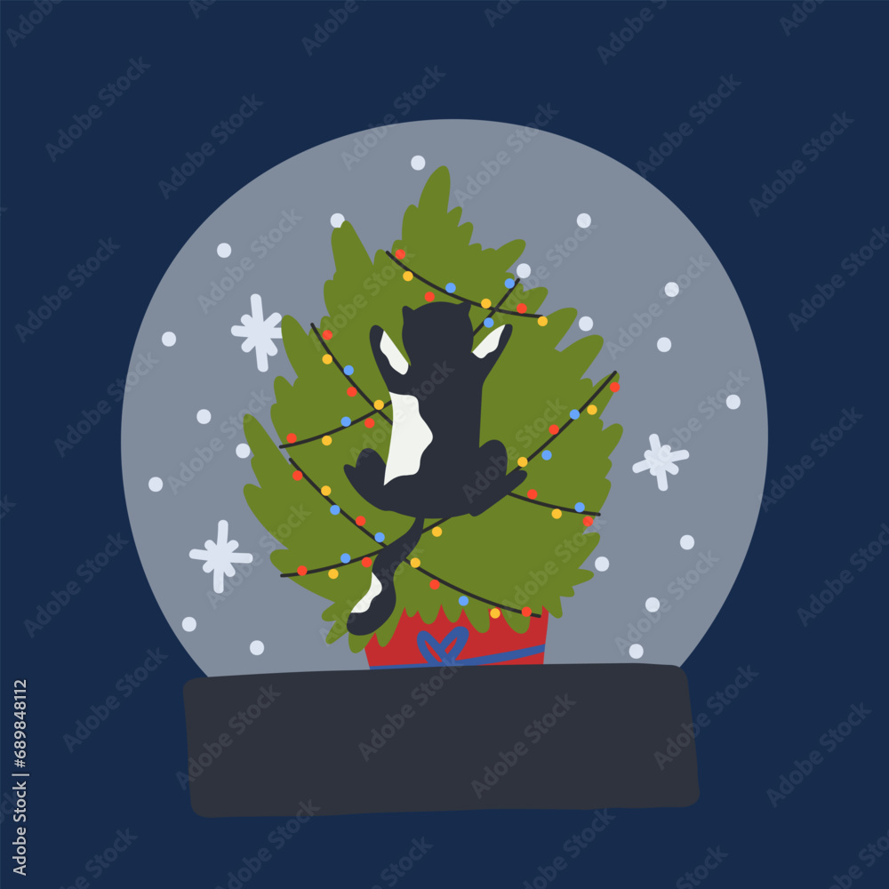 Naklejka premium Funny Christmas cat. Drawing of cute cats with garland, Christmas tree, gift box. Design suitable for banner, invitation, card, greeting, banner, cover