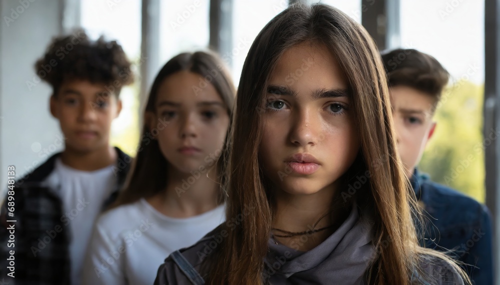 group of young teenagers, boy and girls, friends or group, expulsion from group or bad mood or quarrel or being offended or worries and problems group of young teenagers, boy and girls, friends or group, expulsion from group or bad mood or quarrel or being offended or worries and problems