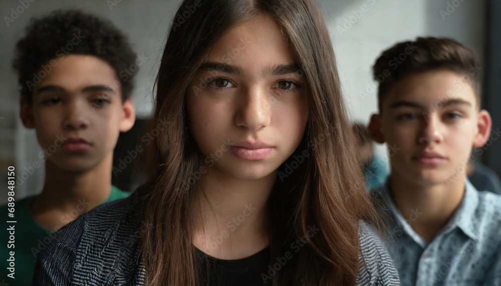 group of young teenagers, boy and girls, friends or group, expulsion from group or bad mood or quarrel or being offended or worries and problems group of young teenagers, boy and girls, friends or group, expulsion from group or bad mood or quarrel or being offended or worries and problems