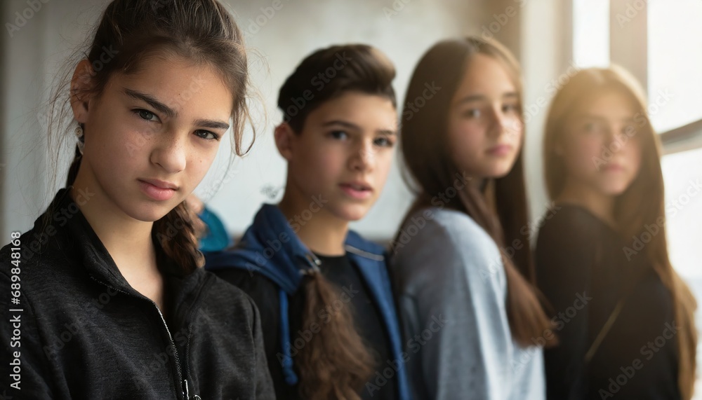 group of young teenagers, boy and girls, friends or group, expulsion from group or bad mood or quarrel or being offended or worries and problems group of young teenagers, boy and girls, friends or group, expulsion from group or bad mood or quarrel or being offended or worries and problems