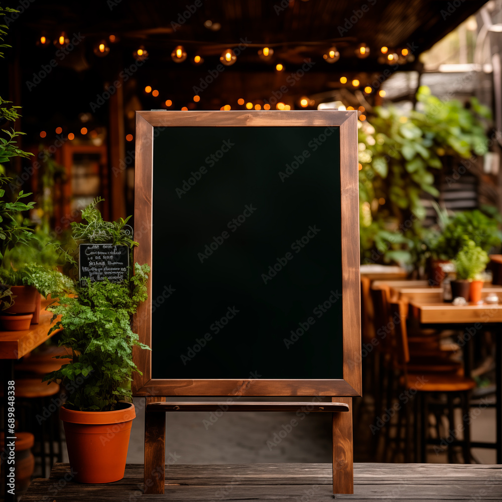 Black grunge menu frame board stand near outdoor cafe or restaurant. Blank store signage sign design mockup. Signboard for logo presentation. Generative AI