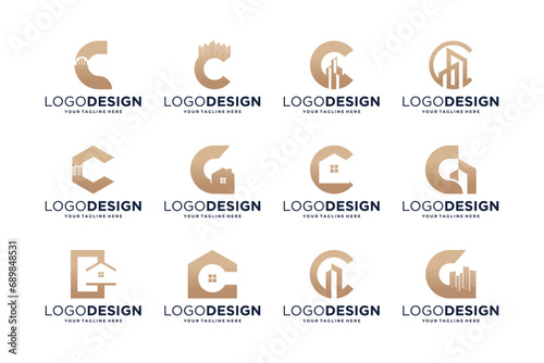 Collection of initial letter C with real estate symbol. Building logo design collection.