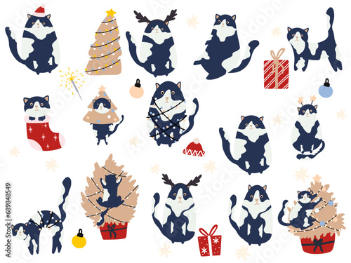Funny Christmas cat set. Collection drawing of cute cats with garland  Christmas tree  gift box. Design suitable for banner  invitation  card  greeting  banner  cover