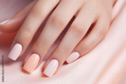 woman hand with perfect peach fuzz color manicure  close up  nail salon ad