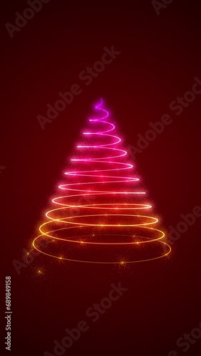 Vertical video - glowing pink and gold neon spiral Christmas Tree and glittering particles on dark red gradient background. Full HD festive Christmas motion background animation.