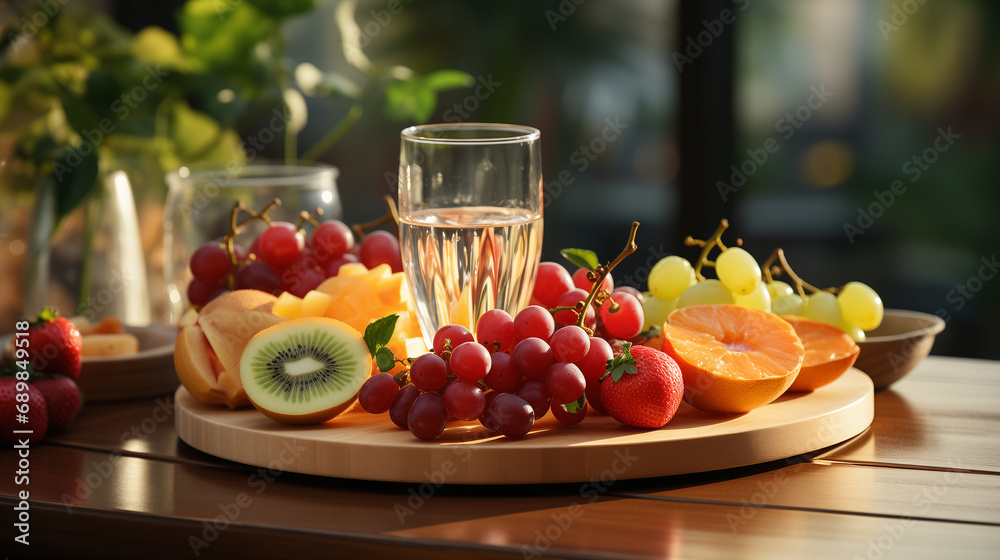 Different fresh raw fruits, berries in the bowl and a glass of a drink on the table. Concept of healthy food, diet ingredients or breakfast Different fresh raw fruits, berries in the bowl and a glass of a drink on the table. Concept of healthy food, diet ingredients or breakfast