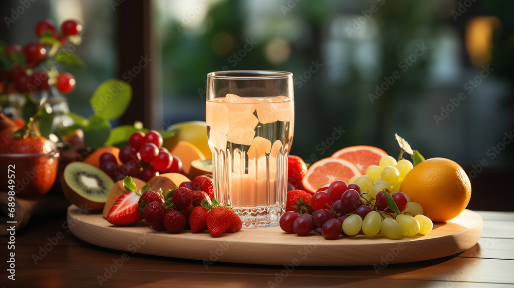 Different fresh raw fruits, berries in the bowl and a glass of a drink on the table. Concept of healthy food, diet ingredients or breakfast Different fresh raw fruits, berries in the bowl and a glass of a drink on the table. Concept of healthy food, diet ingredients or breakfast
