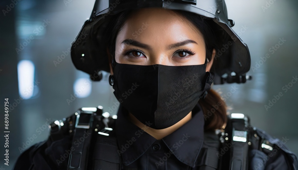 special police or army unit in black clothes and partially masked, caucasian woman special police or army unit in black clothes and partially masked, caucasian woman