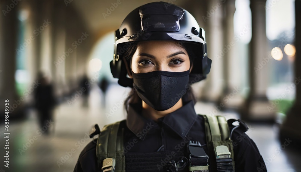 special police or army unit in black clothes and partially masked, caucasian woman special police or army unit in black clothes and partially masked, caucasian woman