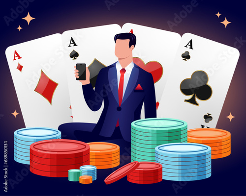 Flat vector illustration of a man in an online casino concept. Gambling and playing for luck. Fortune Man.