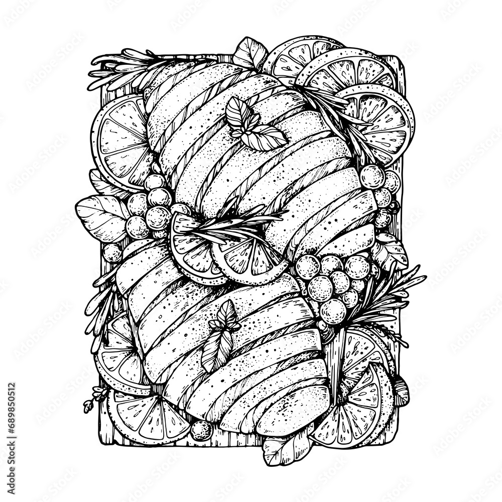 Fototapeta premium Sliced grilled beef steak on cutting board sketch. Hand drawn vector illustration. Top view.
