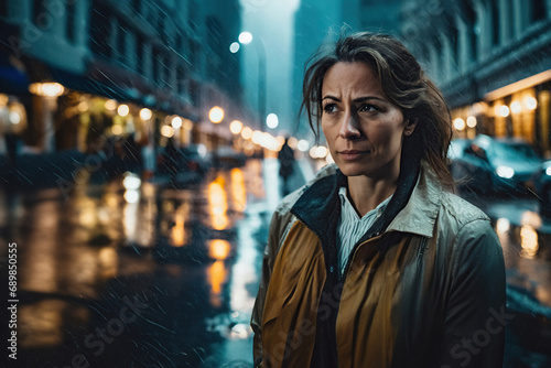 worried caucasian woman on street, emotional turmoil , a rainy bad day