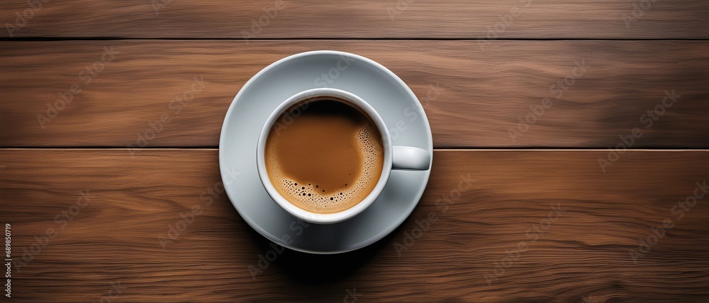 Cup of coffee on wooden table, top view Cup of coffee on wooden table, top view