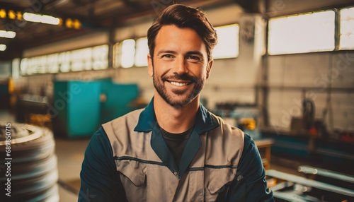 young adult caucasian male, 30s, in a workshop or production hall, happy in job