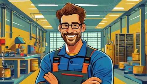 young adult caucasian male, 30s, in a workshop or production hall, happy in job