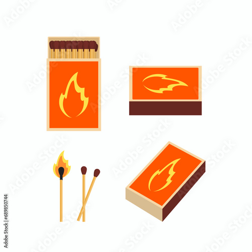 Burning match and matchbox set flat vector illustration