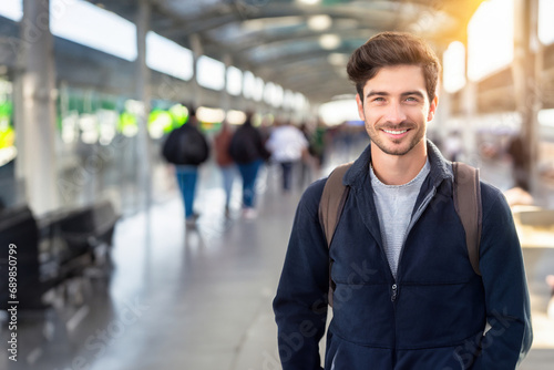 young adult man, at the airport or train station