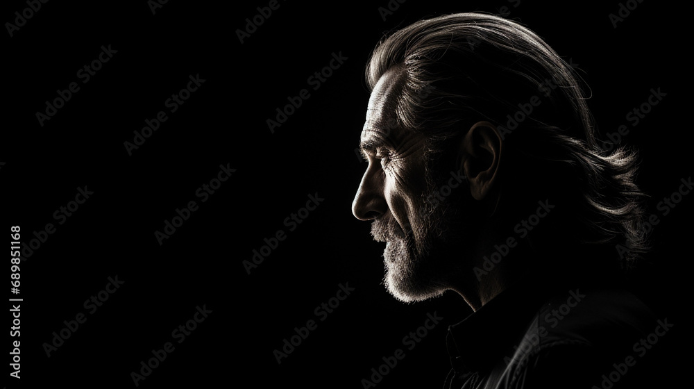 Artistic monochrome profile portrait, silhouette of an artist, contemplative look, stark contrast