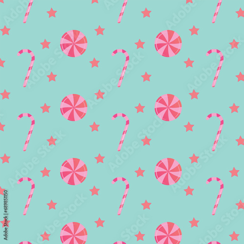 Candy and stars seamless pattern. Can be used for wallpaper, pattern fills, web page background, fabric, surface textures. Vector illustration.