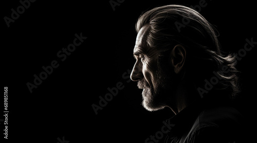 Artistic monochrome profile portrait, silhouette of an artist, contemplative look, stark contrast
