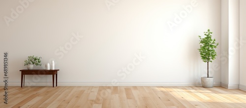 A room with white walls, hardwood flooring, and a small table on the right side.