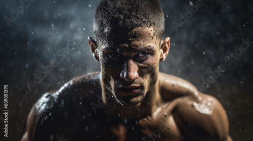 Intense athlete's portrait at the peak of a workout, dynamic lighting highlighting muscle definition © Marco Attano