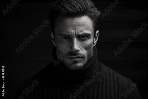 portrait of a male with rugged features, sharp contrast, high texture detail, black turtleneck