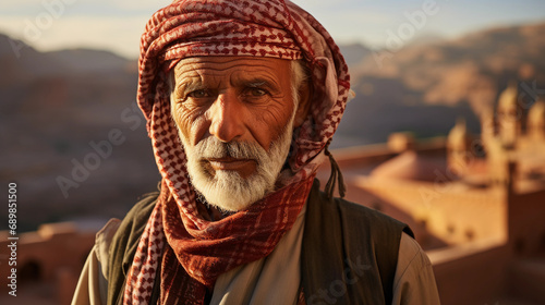 Middle Eastern man in traditional keffiyeh, aged face full of stories, ancient city of Petra, Jordan in the background