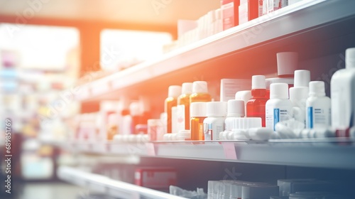 out of focus, blurry, pharmacy shelves with medicines, jars with pills and bottles with medicines, pharmaceutical concept