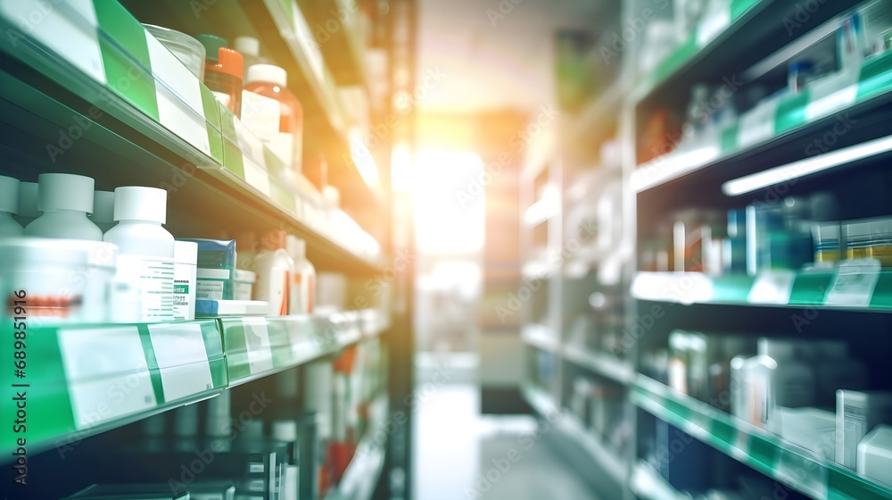 pharmacy shelves with medicines, jars with pills and bottles with medicines, pharmaceutical concept
