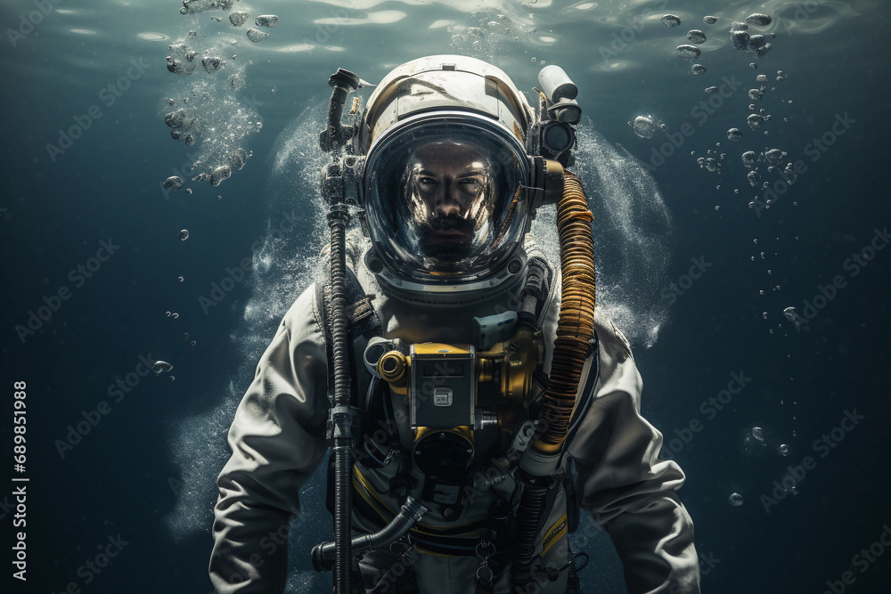 Naklejka premium Portrait showcasing the contrast between an astronaut in a spacesuit and a deep-sea diver in diving gear