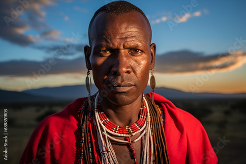 Maasai warrior, vibrant red shuka, traditional beadwork, piercing gaze, standing in the Kenyan savannah