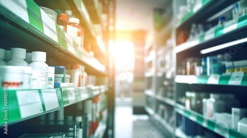 pharmacy shelves with medicines, jars with pills and bottles with medicines, pharmaceutical concept photo