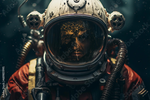 Portrait showcasing the contrast between an astronaut in a spacesuit and a deep-sea diver in diving gear