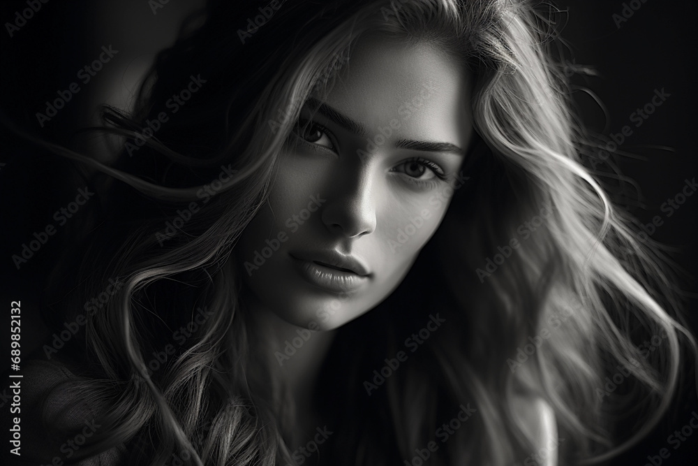 Fototapeta premium Soft monochrome portrait of a young woman, gentle eyes, wispy hair, ethereal lighting