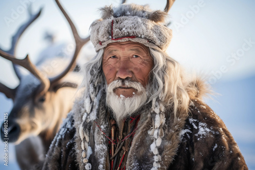 Portrait of a Sami reindeer herder, bright traditional clothing, antler headpiece, amidst a snowy Lapland landscape
